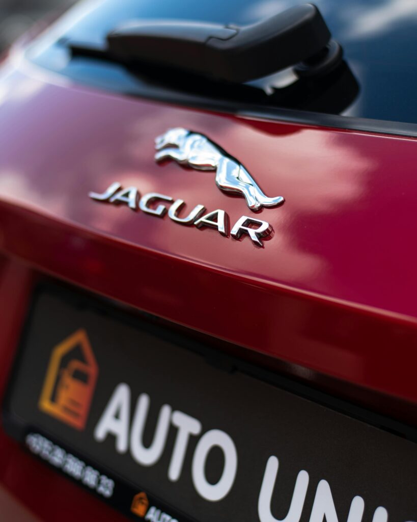 Stylish close-up of a Jaguar car logo reflecting a luxurious brand image.